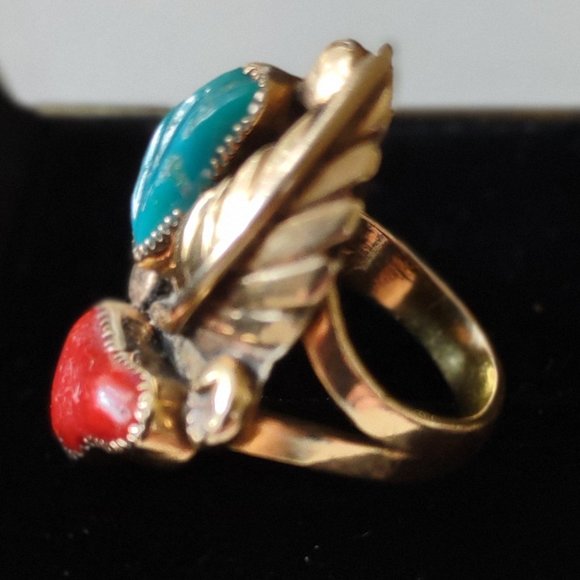 Ben Eustace Sterling Silver Carved Turquoise, Coral Floral Leaf Ring Size: 6 - Picture 8 of 10